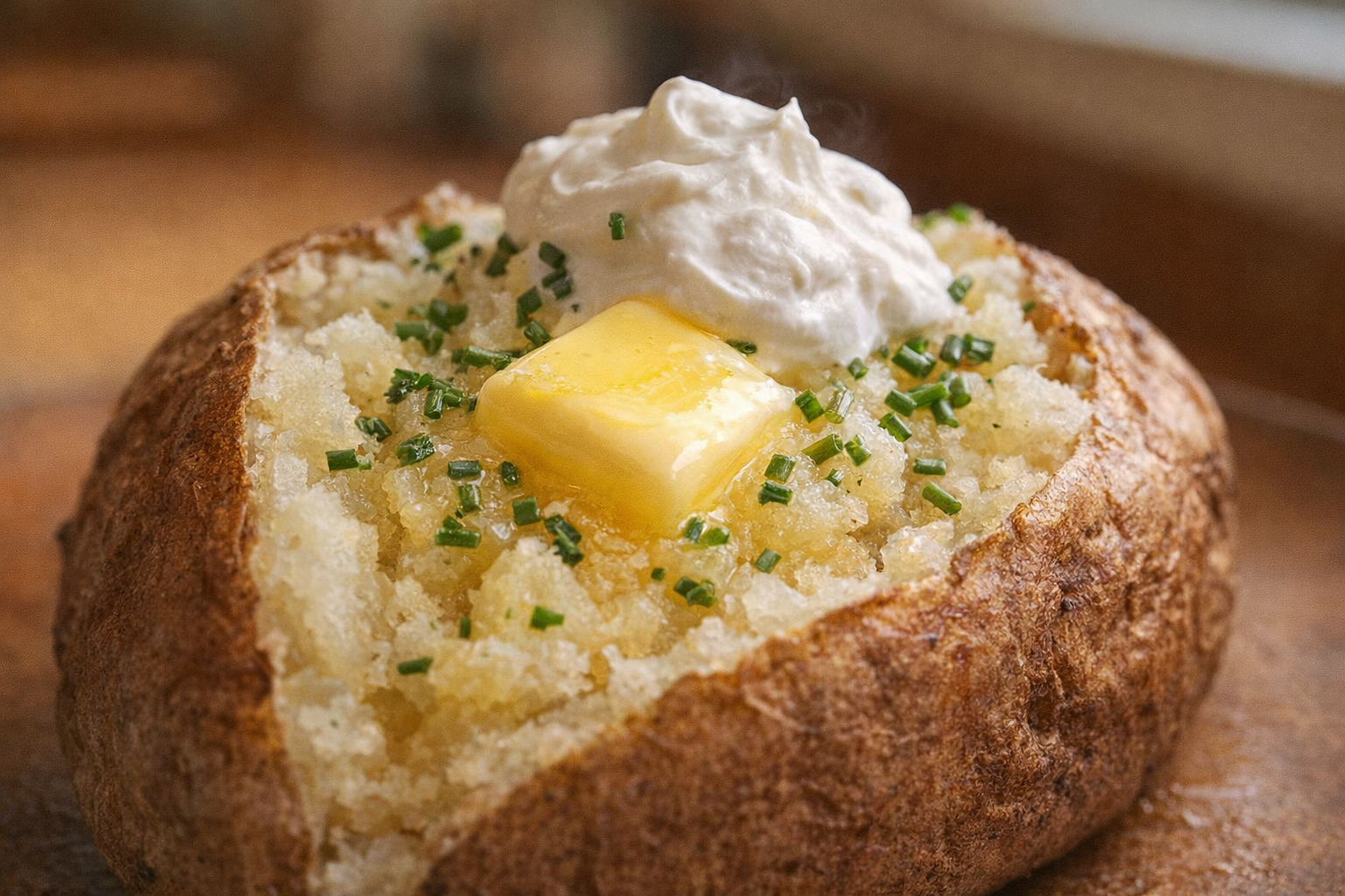 A close-up shot of a microwaved potato, cut open and fluffed with a fork, topped with butter, chives, and a dollop of sour cream, warm lighting
